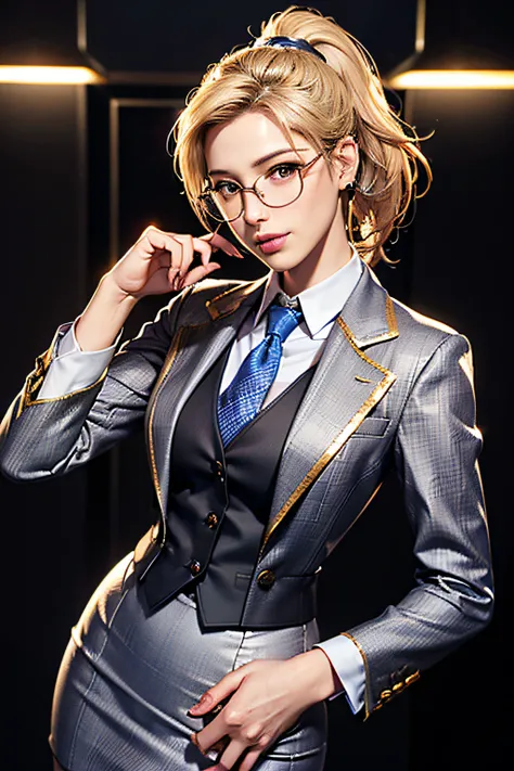 (absurdres, highres, ultra detailed), masterpiece, mercy (overwatch), ((solo)), ponytail, blonde hair, makeup, 1girl, skirt suit, business suit, three-piece suit, grey plaid suit, waistcoat, blue shirt white collar, gold necktie, bodycon skirt, miniskirt, ...