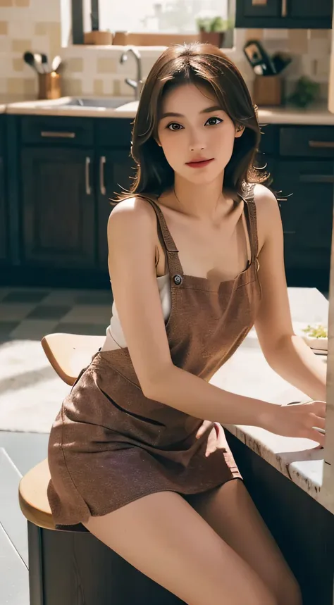 A young girl wearing a realistic, sexy apron is in the kitchen, sitting in a seductive position. The girl has beautiful detailed eyes, lips, and face. Her eyes are mesmerizing, with long eyelashes. The kitchen is bathed in studio lighting, creating vivid c...