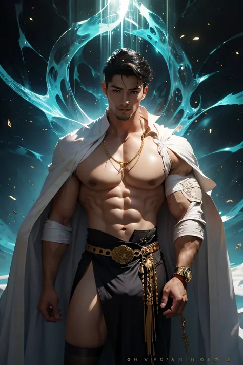 A muscular Korean man is in a wonderland, 20yo, Lleva un rico blanco como la nieve (capa de piel en hombros y espalda) con una pila muy larga, bajo el cual se ve su cuerpo extremadamente musculoso, The emphasis is on the male body. Sobre su cabeza hay un h...