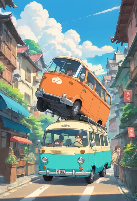 Anime-style minibus being pushed by a man on one side and another man on the other side