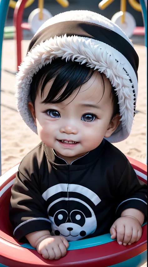 Ultra high quality, ultra high definition, ultra sharpness, 8K, a very cute asian baby boy, 1 year old, alone, wearing a  childrens clothes, portrait, ultra detailed eyes, ((black eyes)), ultra detailed irises, completely identical irises, cheerful smile, ...