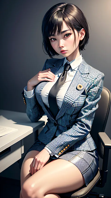 (Top quality, 8K, 32K, Masterpiece, hyper HD: 1.2), 1 girl, beautiful  japanese woman, Thin waist, Shiny skin, Grey plaid suit, skirt suit, three-piece suit, Open jacket, waistcoat, necktie Office Lady, suit, bodycon Mini skirt, Office, sitting, crossed le...