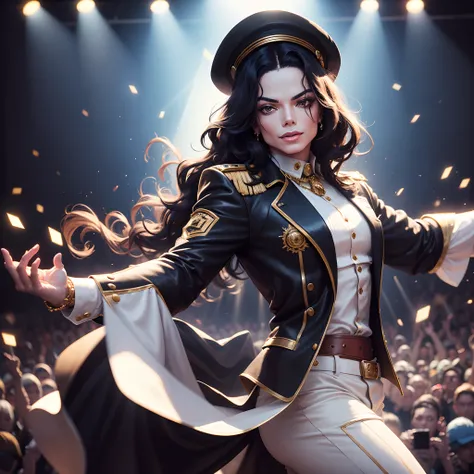 (michael jackson),portrait,photorealistic:1.37,detailed eyes,luminous smile,dancing pose,golden jacket,soulful expression,moonwalk,stage lights,vibrant colors,iconic hat,sparkling gloves,energetic performance,concert atmosphere,crowd cheering,moon in the b...