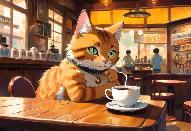 Cat drinking coffee in a coffee shop, art by [by Esao Andrews]