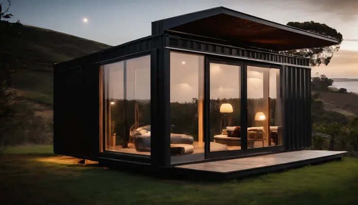 Imagem com quatro pequenas casas inseridas numa propriedade privada denominado Tokinha Village. Constructed of shipping containers, With only one floor and 5 rooms, The frame is made of black metal, paredes de madeira, com janelas e portas grandes em vidro...