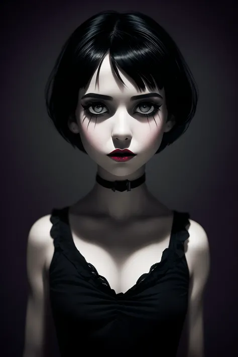 by TimBurton Animation 1girl, solo, blurry, blurry background, black hair, wide-eyed, short hair, horror (theme), lips, dark, makeup, portrait, black eyes