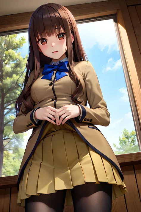 masutepiece, Best Quality, hight resolution, HMKH1, blue bowtie, blue bow, Brown skirt, Brown jacket, Black pantyhose, School uniform, Cowboy Shot, a miniskirt、((self lift))、((skirt rift))、View from below