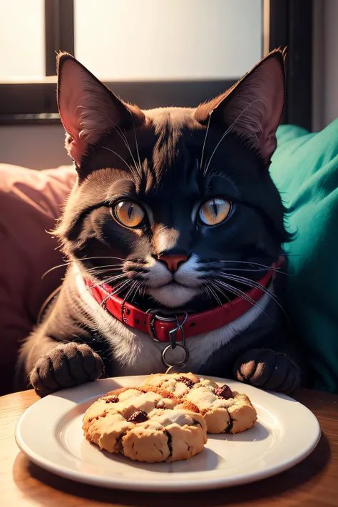 cena escura, com luzes vermelho neon e um gato zumbi fazendo cookies