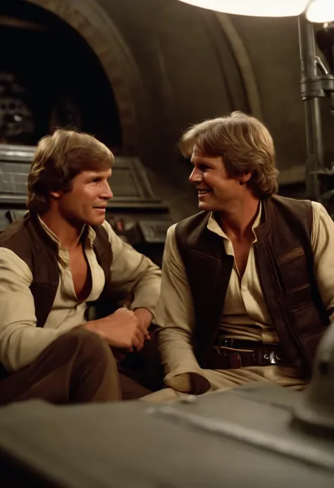 Hyperealistisches Foto von Harrison Ford als Han Solo und Mark Hamill als Luke Skywalker Outfit, Sitting at a realistic typical Star Wars movie set and having fun together and laughing, im Hintergrund sieht man den Millenium Falcon der als Filmkulisse zu e...