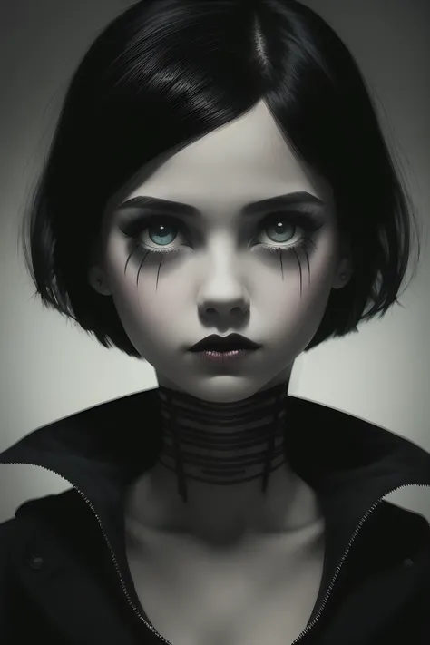 by TimBurton Animation 1girl, solo, blurry, blurry background, black hair, wide-eyed, short hair, horror (theme), lips, dark, makeup, portrait, black eyes