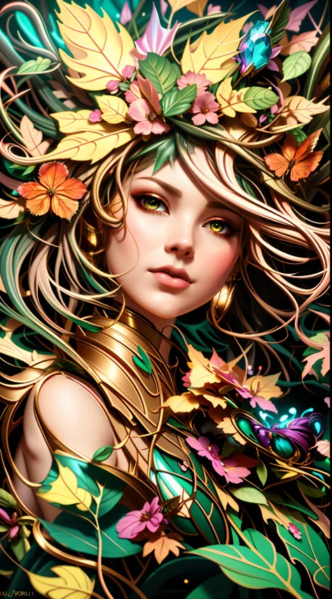 A painting of a woman with leaves on her head, Artgerm Sylvari Retrato, karol bak uhd, Artgerm e James Jean, Nenhum estilo de Anna Dittmann, Retrato de uma Dryad, retrato bonito da arte da fantasia, bela arte de fantasia, Stanley Artgerm Lau, bela arte dig...