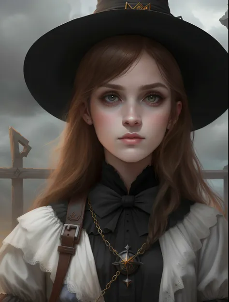 Hay una mujer con un sombrero y una cruz en el fondo, Retrato de una joven bruja, Retrato de una joven bruja, Obras de arte al estilo de Guweiz, classical witch, Render fotorrealista de Anime Girl, Karol Bak de Emma Watson Nun, Retrato de una bruja, dark f...