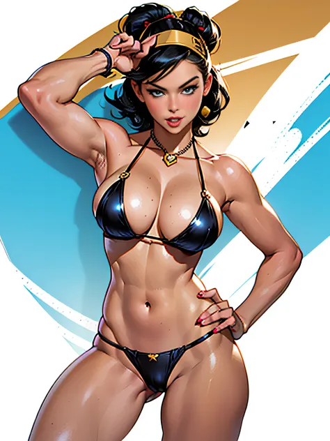 (high quality, best rendering), (beautiful woman, black haired, blue-eyed), (bombshell, pin-up style), psychopath, crazy face, sexy pose, 2 piece outfit, pastel, centered, scale to fit dimensions, micro thong, micro bikini, camel toe