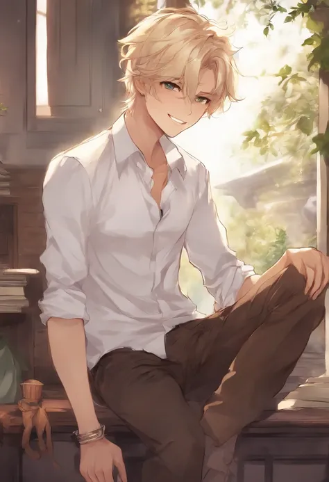 Anime Style Boy, Cute, cat boy, dirty, Cute smile, White shirt,a blond