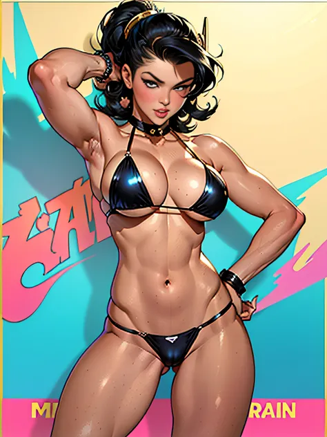 (high quality, best rendering), (beautiful woman, black haired, blue-eyed), (bombshell, pin-up style), psychopath, crazy face, sexy pose, 2 piece outfit, no top, pastel, centered, scale to fit dimensions, micro thong, micro bikini, camel toe