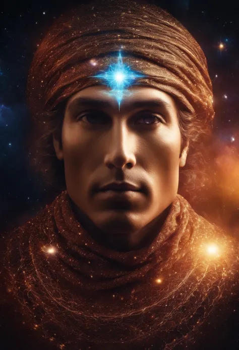 face of mystic man, being of light, in the middle of the universe, astral body, with aura around, 4k