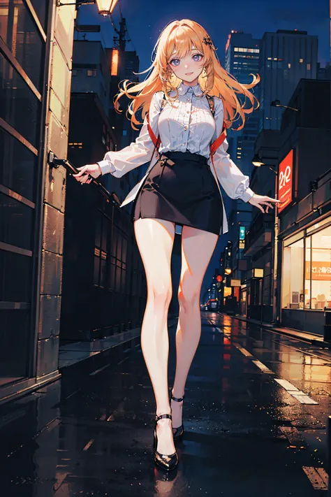 ((Currently, a cute and beautiful woman is changing her underwear)), ((22-year-old beauty)), ((embarrassed smile)), ((luscious long hair)), ((miniskirt)), (( Gradient Eyes)), ((Background is a city night view)), Attractive Makeup, Scenery, NFSW, UHD, Retin...