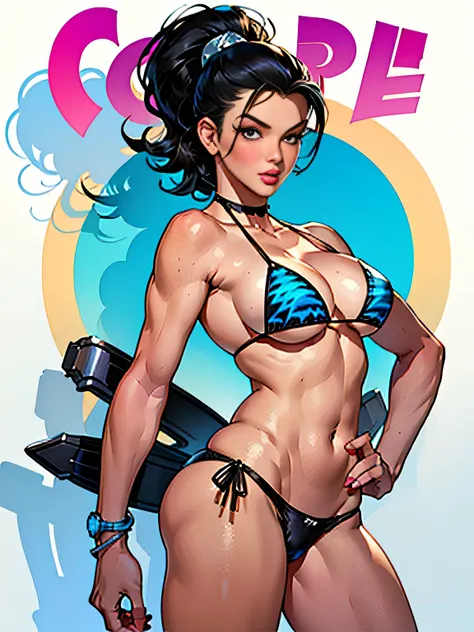 (high quality, best rendering), (beautiful woman, black haired, blue-eyed), (bombshell, pin-up style), psychopath, crazy face, sexy pose, (bikini bottoms), ((no top)),pastel, centered, scale to fit dimensions, micro thong, micro bikini, camel toe