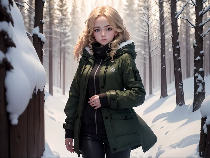 realistic, 8k image of a 15 year old girl, curly blonde hair, beautiful, extremely detailed green eyes, dressed in a black coat and black pants, looking to the side in a clearing in a snow-covered forest, pure expression, Morning, art anime style