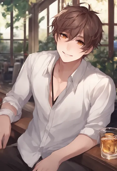 Anime Style Boy, Cute, cat boy, dirty, Cute smile, White shirt，bars，alcohol