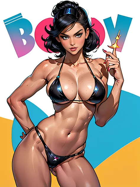 (high quality, best rendering), (beautiful woman, black haired, blue-eyed), (bombshell, pin-up style), psychopath, crazy face, sexy pose, ((bikini bottoms only)), ((no top)),pastel, centered, scale to fit dimensions, micro thong, micro bikini, camel toe