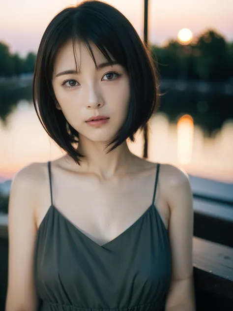 1young girls, Extremely beautiful, (Extremely cute), (extremely detailed beautiful face), Amazing face and eyes, rather dense hair、bob cuts、slightly brighter eyes、no-makeup、(Mini dress with camisole)、(Best Quality:1.4), (Ultra-detailed), extremely detailed...