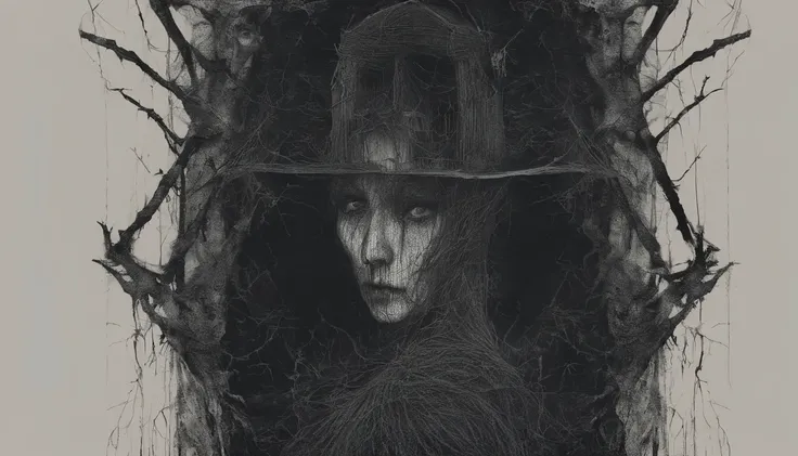 Close up of a creepy woman, witch aesthetic, the Blair witch project, wiccan aesthetic, dark atmosphere, ominous atmosphere, ultra detailed, masterpiece.