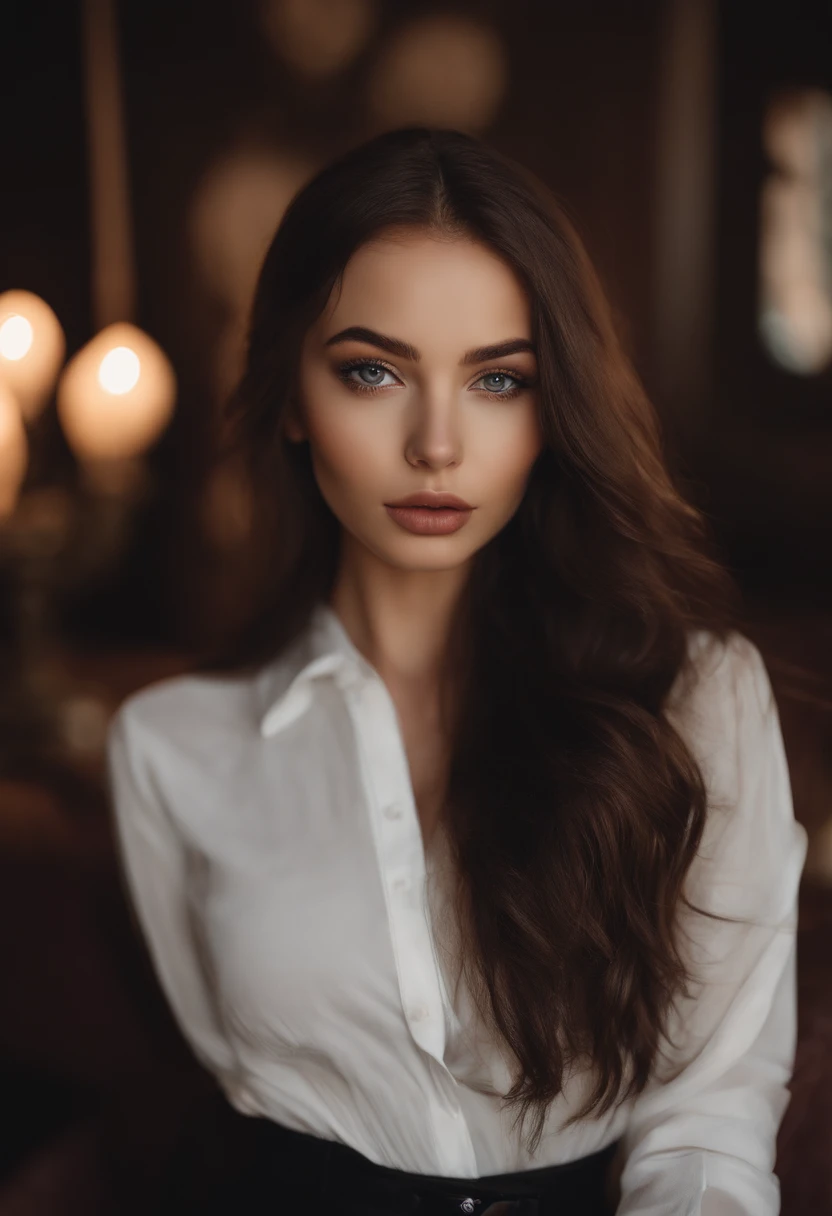 Arafed woman in black clothes, Sexy girl with brown eyes, portrait sophie mudd, brown hair and large eyes, selfie of a young woman, Chamber eyes, violet myers, no makeup, natural makeup, looking straight at camera, face with artgram, fine makeup, Excellent...