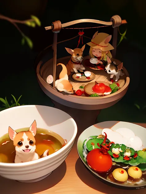 A small Chihuahua dog is being held, ginko showing a new mushi, closeup at the food, by Emma Andijewska, dinner is served, japanese dog, shrine maiden, ohwx, offering a plate of food, [ photos realistic ]!!, ❤🔥🍄🌪, by Nishida Shunei, Chihuahua、