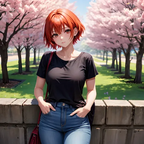 Estilo anime, uma linda mulher, Shimmering Orange Iris, short hair messy red, Wearing a black shirt and jeans, fundo detalhado, A square, cherry trees