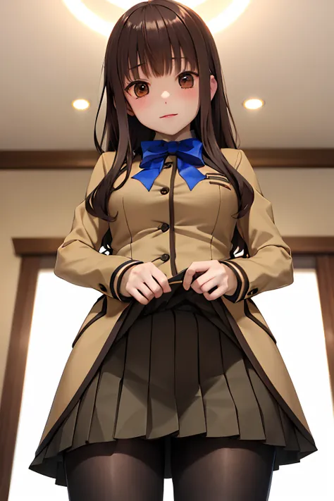 masutepiece, Best Quality, hight resolution, HMKH1, blue bowtie, blue bow, Brown skirt, Brown jacket, Black pantyhose, School uniform, Cowboy Shot, a miniskirt、((self lift))、((skirt rift))、View from below