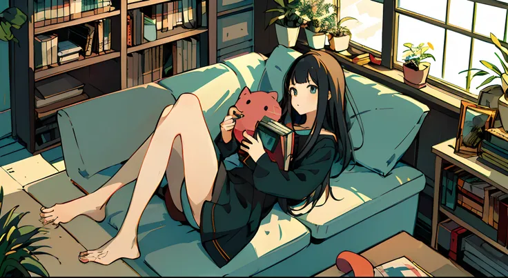 a girls, from above, plant, black hair, cat, lying, indoors, holding, long sleeves, long hair, stuffed toy, potted plant, book, food, window, phone, loaded interior, television, short hair, on back, stuffed animal, bangs, slippers, barefoot, sitting, books...