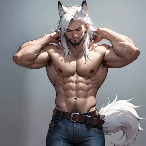 Muscular shirtless male wearing just a pair of torn jeans, has long white hair, has wolf ears, has light beard stubble, has wolf tail, solo, alone, (SOLO)(ALONE) shirtless, no shirt, (SHIRTLESS)(NO SHIRT), flexing, mystic backround, covered in tribal tatto...