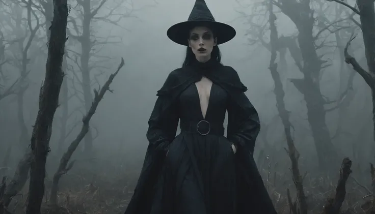 Witch in a creepy foggy marsh, witch aesthetic, the Blair witch project, wiccan aesthetic, dark atmosphere, ominous atmosphere, ultra detailed, masterpiece.