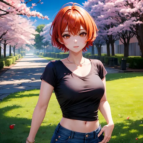 Estilo anime, uma linda mulher, Shimmering Orange Iris, short hair messy red, Wearing a black shirt and jeans, fundo detalhado, A square, cherry trees