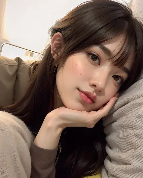 A closeup of a woman lying on a sofa with her hand on her chin, Lalisa Manobal, Bae Suzy, dilraba dilmurat, Ulzzang, Atriz coreana bonito, com bonito - fino - rosto, wan adorable korean face, como uma tira, Jaeyeon Nam, Lalisa Manoban do Blackpink, Ela tem...