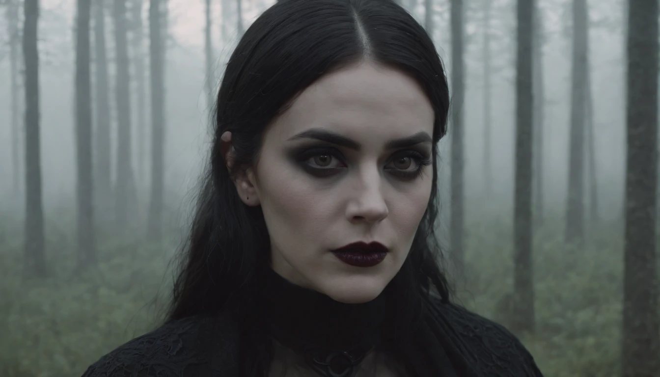 Goth girl with goth make-up in a creepy foggy marsh, witch aesthetic, the Blair witch project, wiccan aesthetic, dark atmosphere, ominous atmosphere, ultra detailed, masterpiece.