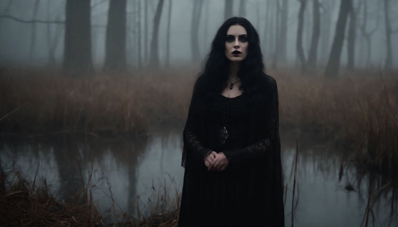 Goth girl with goth make-up in a creepy foggy marsh, witch aesthetic, the Blair witch project, wiccan aesthetic, dark atmosphere, ominous atmosphere, ultra detailed, masterpiece.