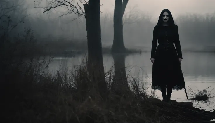 Goth girl with goth make-up in a creepy foggy marsh, witch aesthetic, the Blair witch project, wiccan aesthetic, dark atmosphere, ominous atmosphere, ultra detailed, masterpiece.