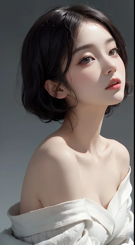 (top-quality, ​masterpiece, hight resolution), (Realisticity),Portrait of a beautiful Japan woman、up on the face、Shoulder Shots、 One girl， Beautiful black hair、short-cut、realisticeyes、 realistic skin textures，enticing、Cute white off-shoulder、ciinematic lig...