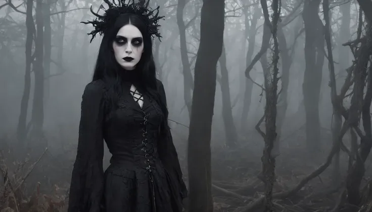 Goth girl with goth make-up in a creepy foggy marsh, witch aesthetic, the Blair witch project, wiccan aesthetic, dark atmosphere, ominous atmosphere, ultra detailed, masterpiece.