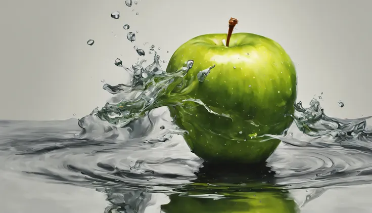 ma apple sitting on top of the water on the right side, lado esquerdo vazio, fundo verde, pintura digital hiper realista, hiper-...