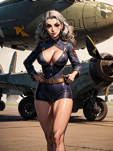 (masterpiece, top quality, best quality, official art, beautiful and aesthetic:1.2), (1girl:1.3), (gray hair victory curls), vintage 1940s American hairstyle, extremely detailed, portrait, looking at viewer, solo, (full body:0.6), detailed background, clos...