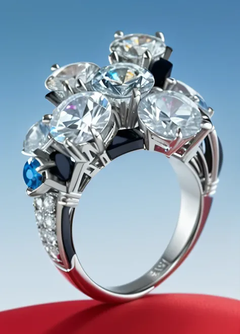 Close-up of ring set with diamonds and blue sapphires, cartier style, van cleef & arpels style, bvlgari jewelry, chaumet style, cartier, Boucheron style, bvlgari, chaumet, Boucheron, swarovski, platinum jewellery, van cleef & arpels, ring, bulgari style, j...