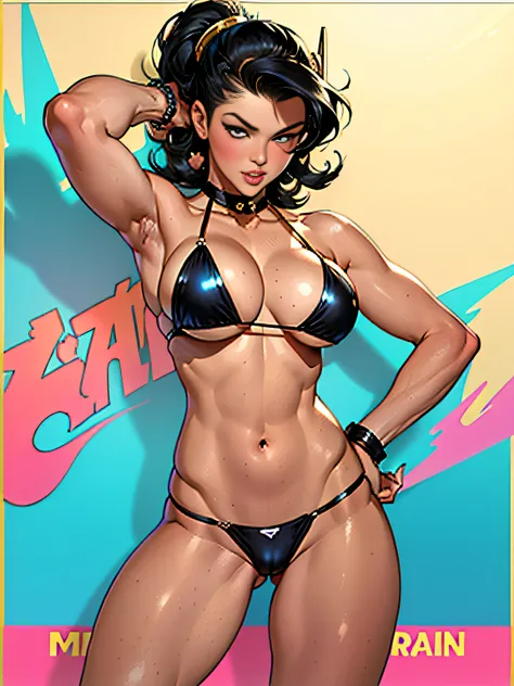 (high quality, best rendering), (beautiful woman, black haired, blue-eyed), (bombshell, pin-up style), psychopath, crazy face, sexy pose, 2 piece outfit, no top, pastel, centered, scale to fit dimensions, micro thong, micro bikini, camel toe