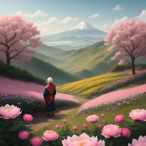 On the Hundred Flowers Mountain，A young lad takes care of his colorful flower-rich flower mountain, Carefully arrange them neatly in a row.He bent down curiously，Talk to peony flowers face to face。Peony said proudly："I am the king of flowers，My petals are ...