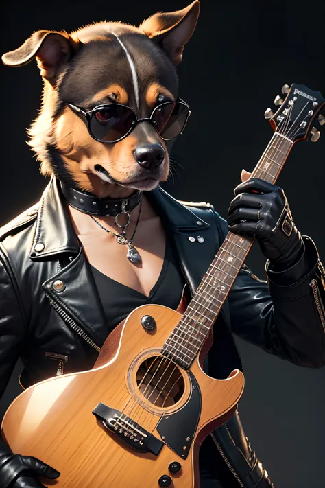 a dog (anthropomorphic turtle) wearing a choker, sunglasses, a black leather jacket, (black gloves), holding an acoustic guitar, like an artist. (best quality, high resolution), ultra-detailed, (realistic:1.37), Portraits, vibrant colors, studio lighting, ...