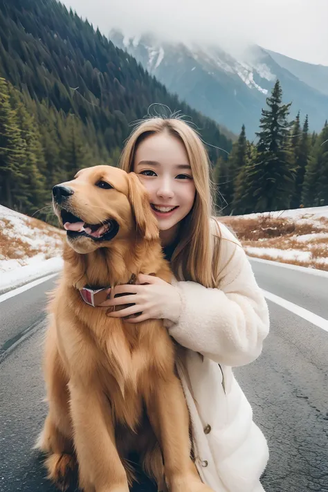 18-year-old girl, Clear facial features, Happy and a golden retriever, Walk on mountain trails, There was snow on the road.