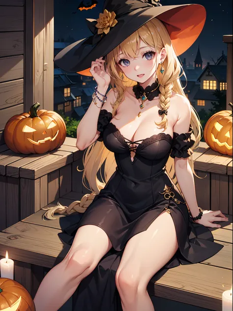 in 8K、top-quality、​masterpiece、ultra-detailliert、Ultra-high resolution、((1 persons))、girl with、Halloween、witchs hat、a blond、Braided hair、Black Dress、bare shoulders​、cleavage of the breast、makeups、eyeshadows、A bracelet、medieval town、Sit on the roof、Black ca...