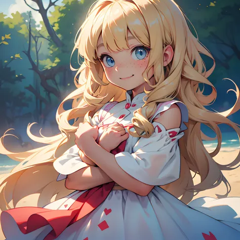 **a little girl of 6-7 years old with long wavy blonde hair with bangs big light blue eyes she has a charming smile round, red cheeks dotted with freckles. she dress like a princess she loves colored gems** - Variations (Strong) by (fast)